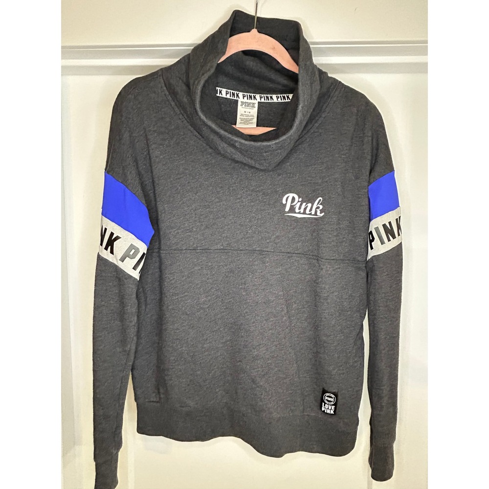 Victorias Secret PINK Cowl Neck‎ Sweatshirt Gray Blue Colorblock Logo Medium